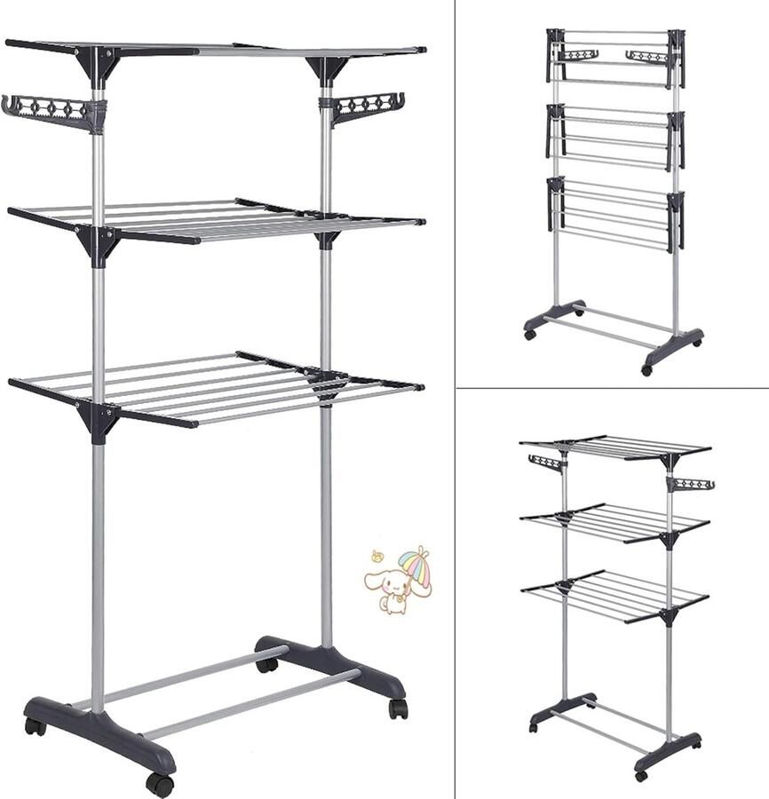 Opvouwbaar Kleding Droogrek met Zijvleugels en Wielen Verstelbaar en Mobiel Ideaal voor Binnen en Buiten