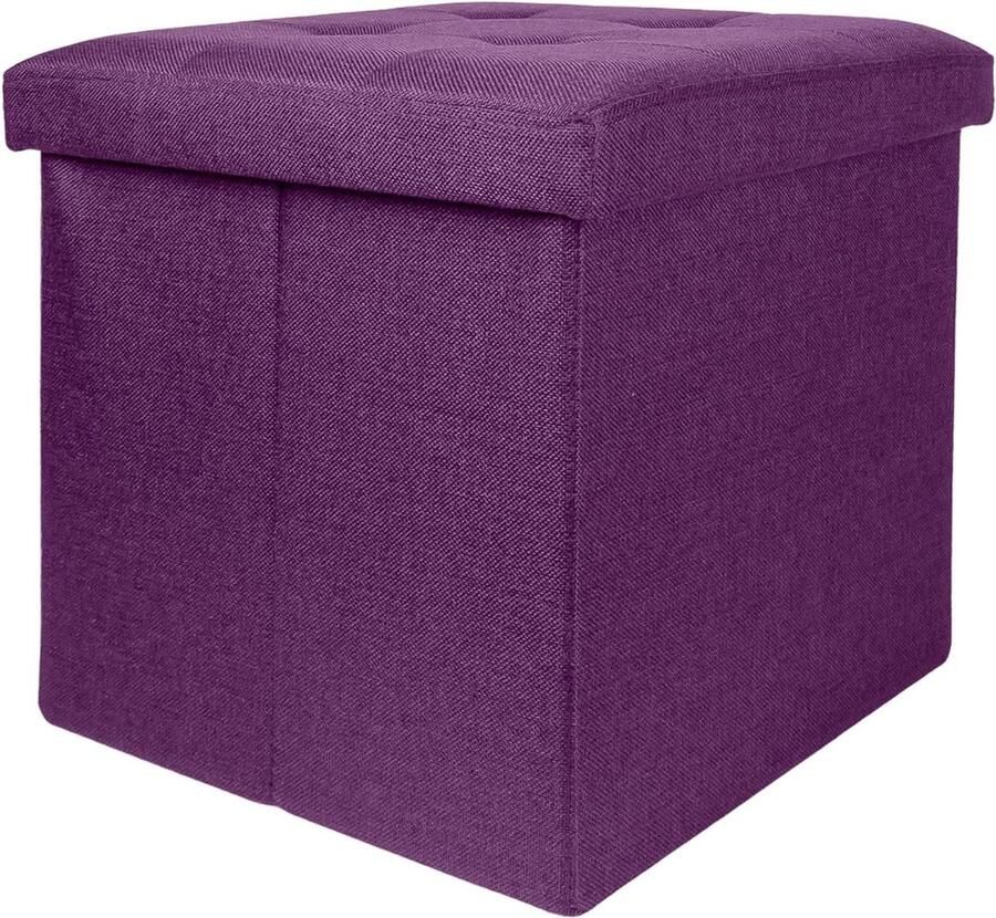 Opvouwbaar paars krukje 30x30x30 cm met deksel en opbergruimte van stof voetensteun krukje opvouwbare opbergdoos met holtes