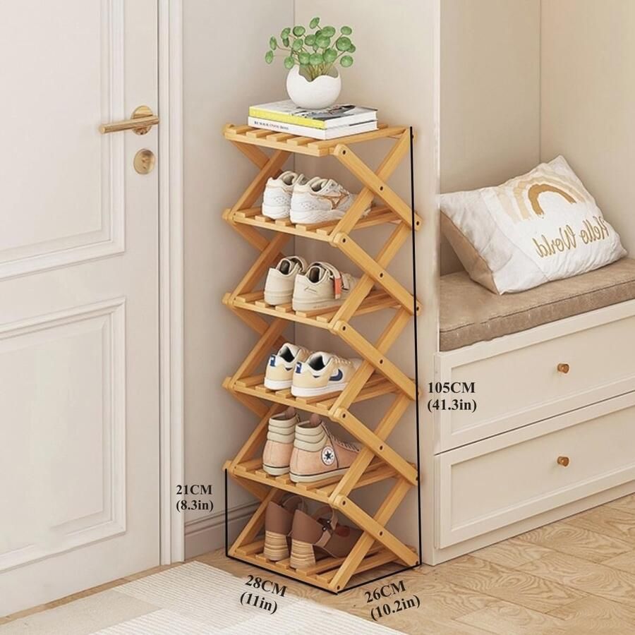 Opvouwbaar Schoenenrek 6 Lagen Multifunctioneel Bamboe Schoenenopberger voor Ingang Kast en Slaapkamer