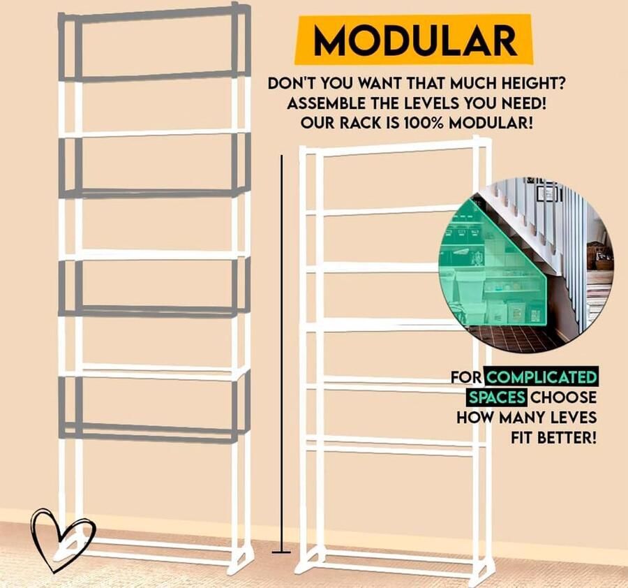 Bastix Opvouwbaar schoenenrek. Stapelbare schoenenorganizer voor opslag met 10 planken tot 30 paar. Smalle schoenenrek Eenvoudige montage met stabiele structuur. (140 x 50 x 16) - Foto 2