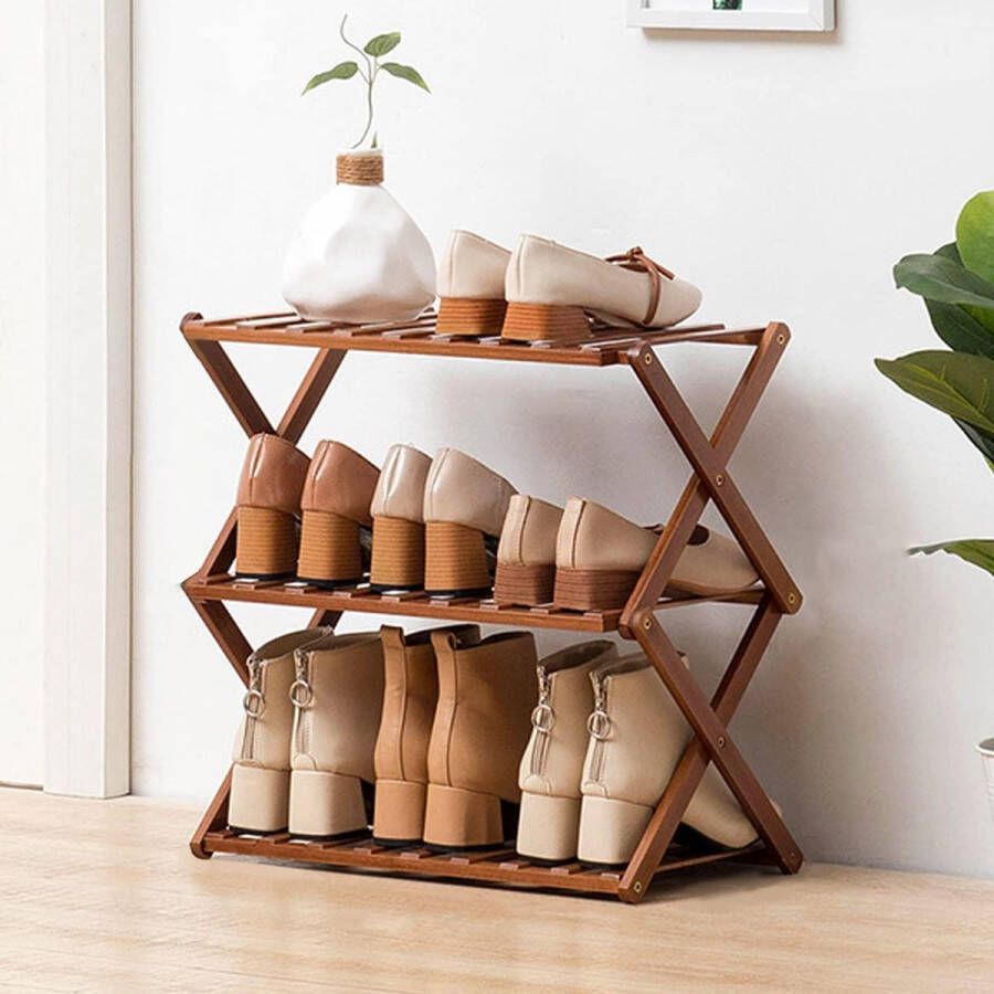 Opvouwbaar schoenenrek van bamboe met 3 niveaus draagbaar klein schoenenrek bamboe schoenenstandaard zonder installatie schoenenorganizer voor woonkamer hal en kleedkamer (50 x 25 x 39 cm)