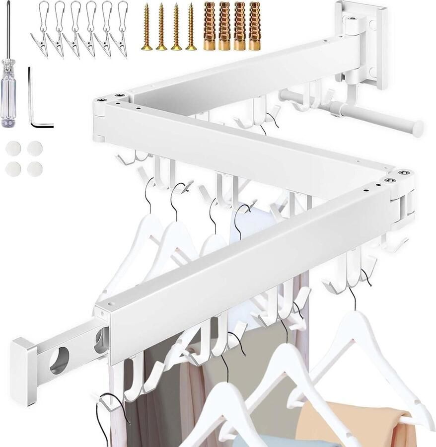 Opvouwbaar uittrekbaar wandwasrek multifunctioneel kledingrek met 180 graden draaibare kleerhangers Opvouwbare kledingrek