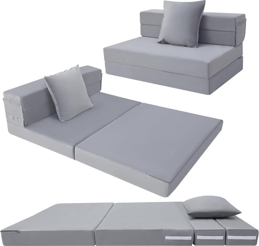 Opvouwbaar vouwmatras schuim met hoge dichtheid Vloerfuton matras 4-delige gastenmatras Logeerbed inklapbaar Fauteuil vouwmatras 75 x 195 cm Lichtgrijs vouwmatras