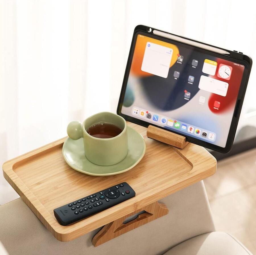 Opvouwbare bankarmlade Bamboe 360 ° draaibare telefoonhouder Draagbaar Eten en drinken