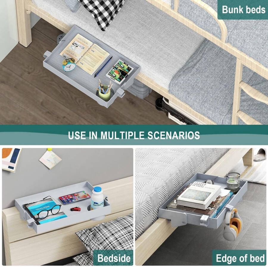 Opvouwbare bedplank met bekerhouder clip-on nachtkastje hangende lade Caddy Organizer voor bed & stapelbed college slaapzaal loft bed essentials grijs