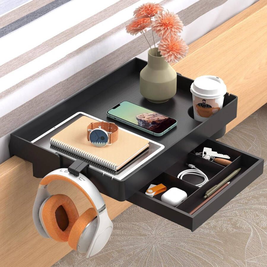 Opvouwbare bedplank met lade clip-on nachtstand hangende tray organizer met diepe cup-houder voor bed en stapelbed College Dorm Essentials zwart kunststof