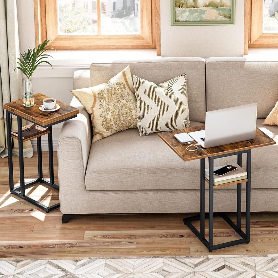 Opvouwbare C-vormige bijzettafel nachtkastje voor bank laptophouder rustiek bruin