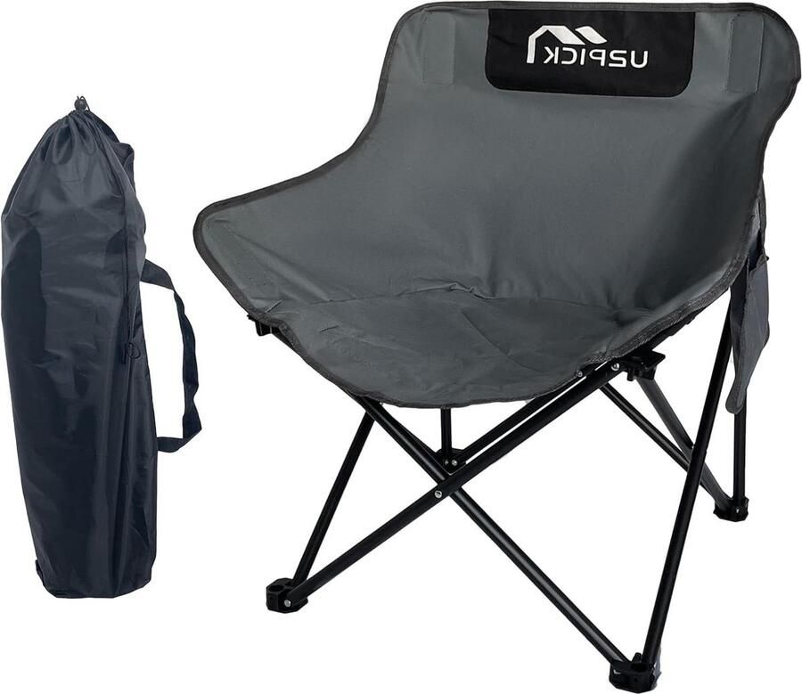 Opvouwbare campingstoel comfortabel en draagbaar ondersteunt tot 160 kg met draagtas en bekerhouder grijs