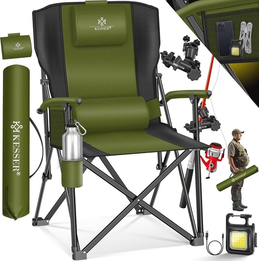 Opvouwbare Campingstoel met Hoge Rugleuning 160 kg Capaciteit Gevoerd met Armleuningen Inclusief Draagtas en Bekerhouder