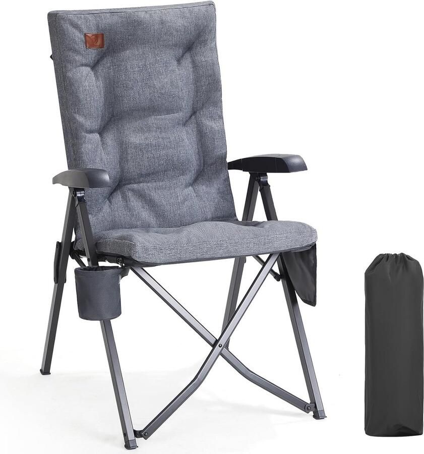 Opvouwbare Campingstoel met Hogere Rugleuning en Drankhouder Verstelbaar in 4 Posities tot 150 kg