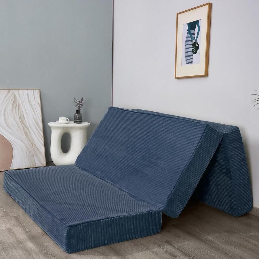 ShopHaven Opvouwbaar Ribfluwelen Matras Driedubbele Vloermatras 15cm Dik Wasbare Hoes In Drieën Opvouwbaar Ruimtebesparend Logeermatras Gastenvloermatras Tweepersoons Blauwsteen