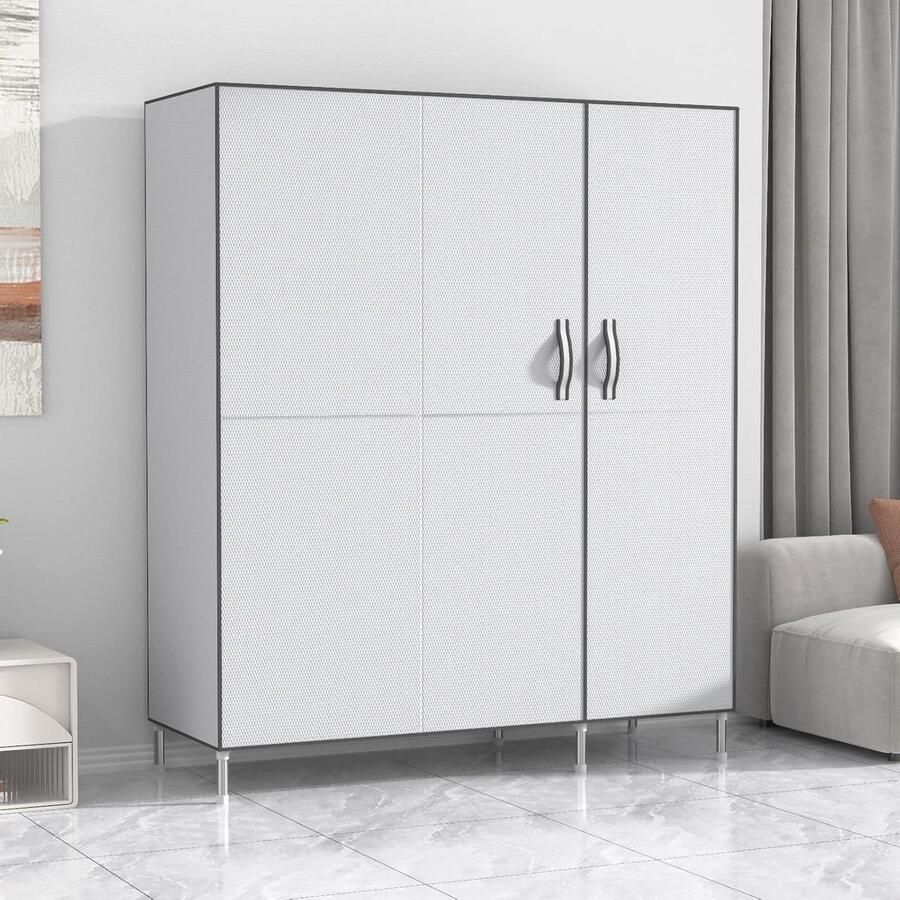 Opvouwbare draagbare kledingkast stoffen organizer met deuren Grijsachtig wit