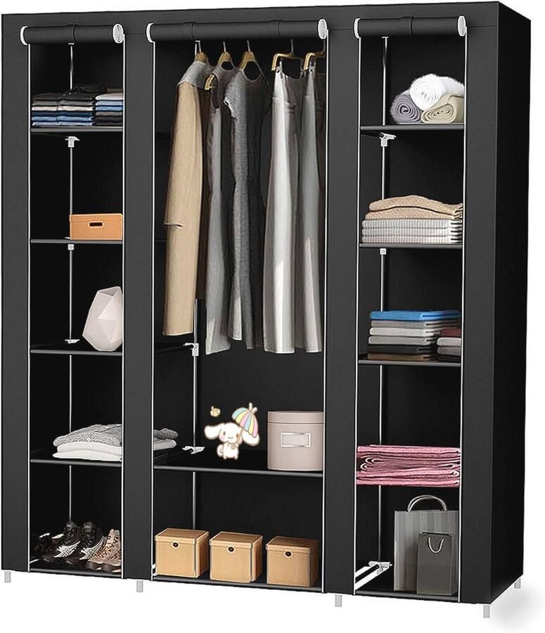 Opvouwbare Draagbare Kledingkast Vlies Opbergkast voor Kleding Opslag Organizer 172 x 134 x 43 cm Zwart