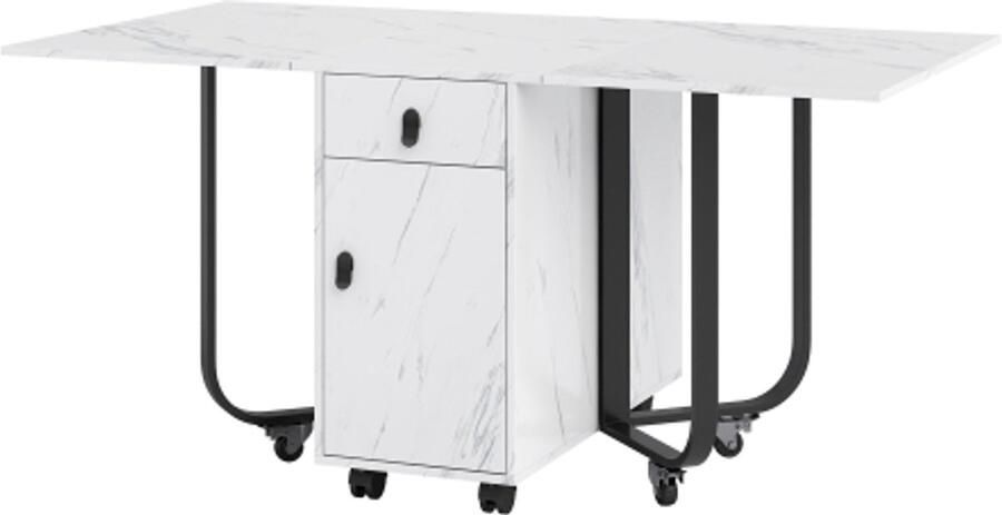Opvouwbare Eettafel 150x80x76cm Wit Zwart MDF Multifunctionele Keukentafel Met Opbergkast En 2 Laden Met 4 Steunpoot Met Katrol Voor Keuken Eetkamer Plaatsbesparend