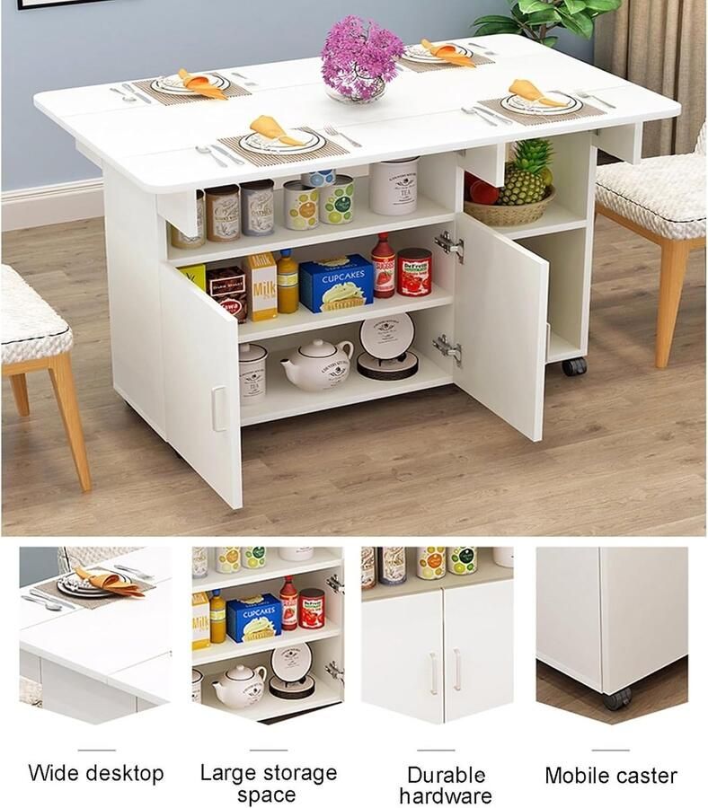 Opvouwbare eettafel met kast en open plank eettafel met 6 wielen voor werk studie en eetkamer