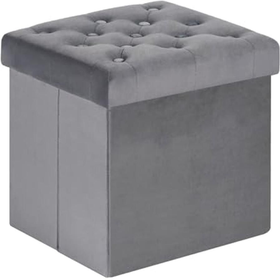 Opvouwbare Fluwelen Opbergkruk met Deksel – Multifunctionele Poef Grijs – 40 x 40 x 40 cm