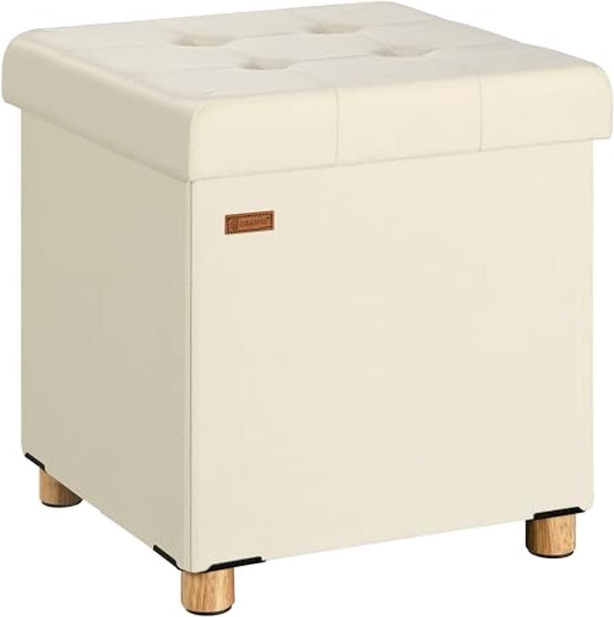 Opvouwbare Fluwelen Poef met Houten Poten 40L Opbergruimte en Belastbaar tot 300kg Beige