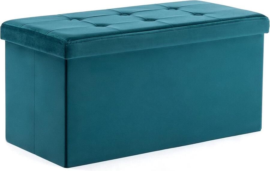 Fluwelen opvouwbare Ottomaanse poef voetenbank met opbergruimte-groenblauw-groot Kruk met opbergruimte