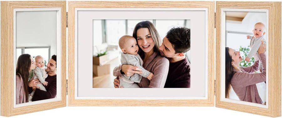 Opvouwbare fotolijst 3 foto's houten fotolijst collage drie openingen fotolijst met echt glas voor tafelblad bureau top display (lichtkleur 5 x 7 cm + 4 x 6 cm)