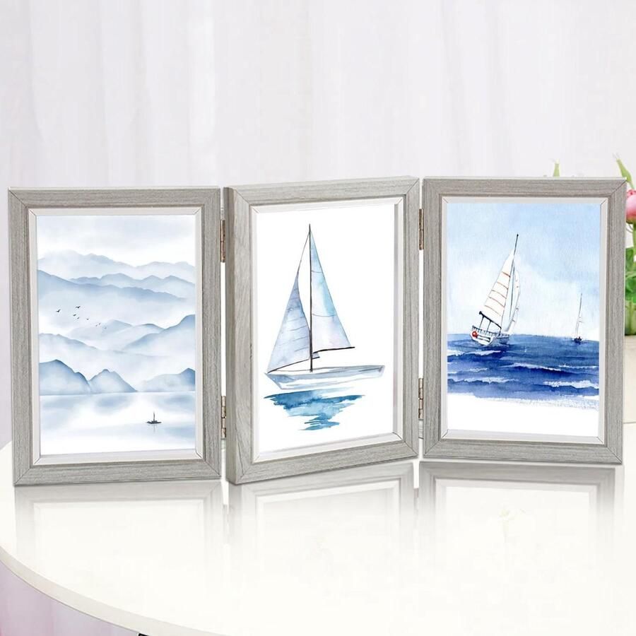 Opvouwbare fotolijst collage 3 foto's geschikt voor bureau en geschenken 12 5 x 17 5 cm grijs hout