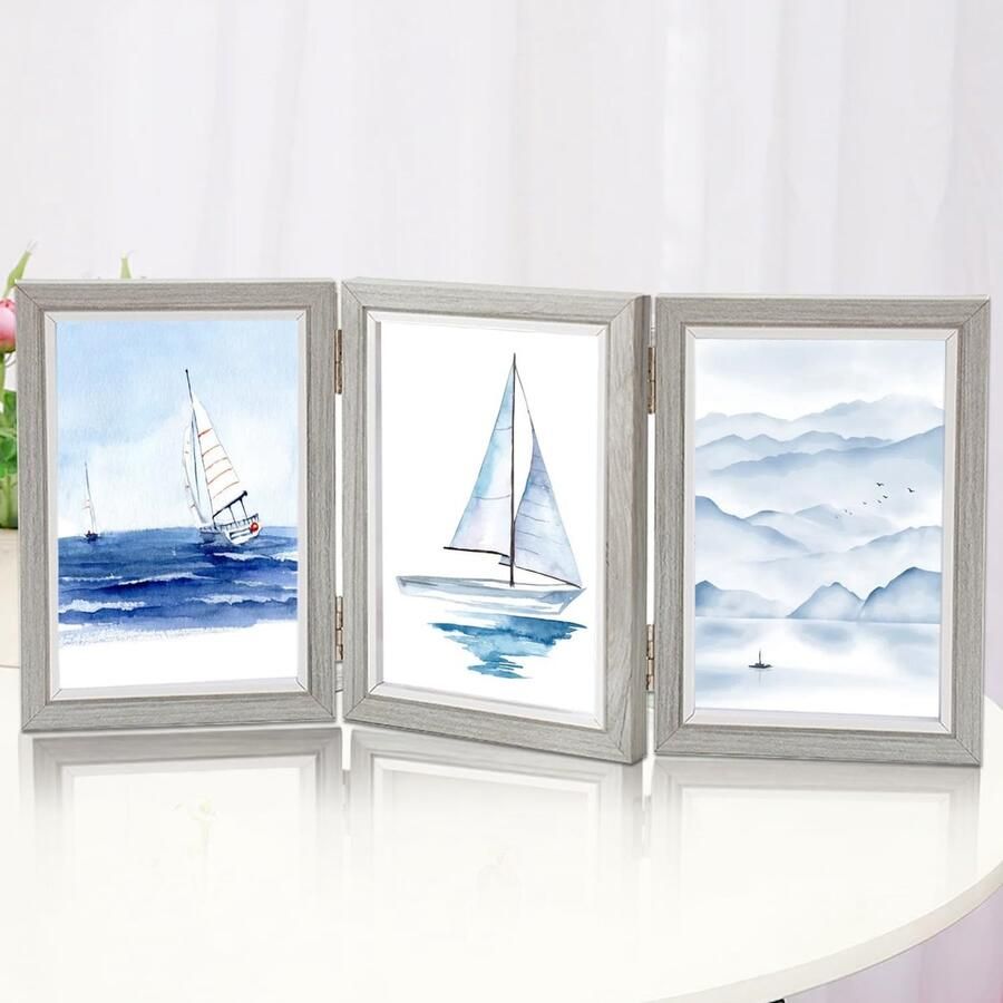 Opvouwbare fotolijst collage Houten lijst voor bureau 3 foto's Grijs