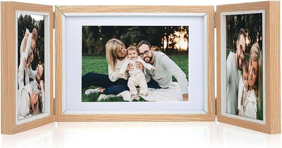 Opvouwbare fotolijst voor 3 foto's Houten fotolijst collage voor bureau of tafel Lichte kleur 2x10x15 cm + 1x13x18 cm Fotolijsten