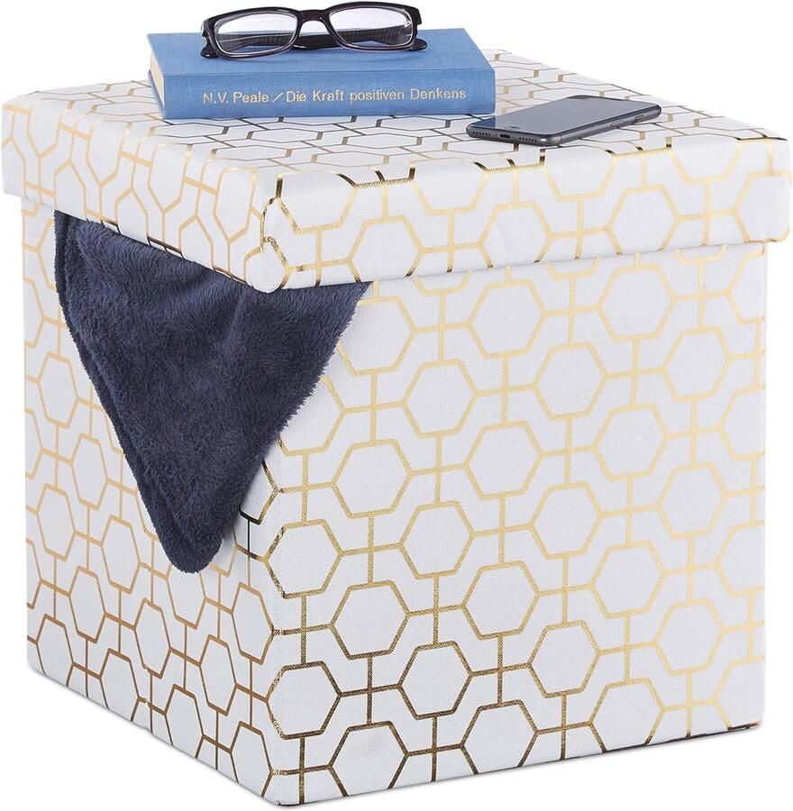 Opvouwbare gepolsterde poef met deksel geometrisch design opbergruimte 38x38x38 cm wit-goud