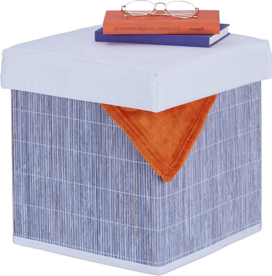 Opvouwbare gepolsterde poef met opbergruimte 35 x 35 x 35 cm kleine hocker bamboe stof grijs wit