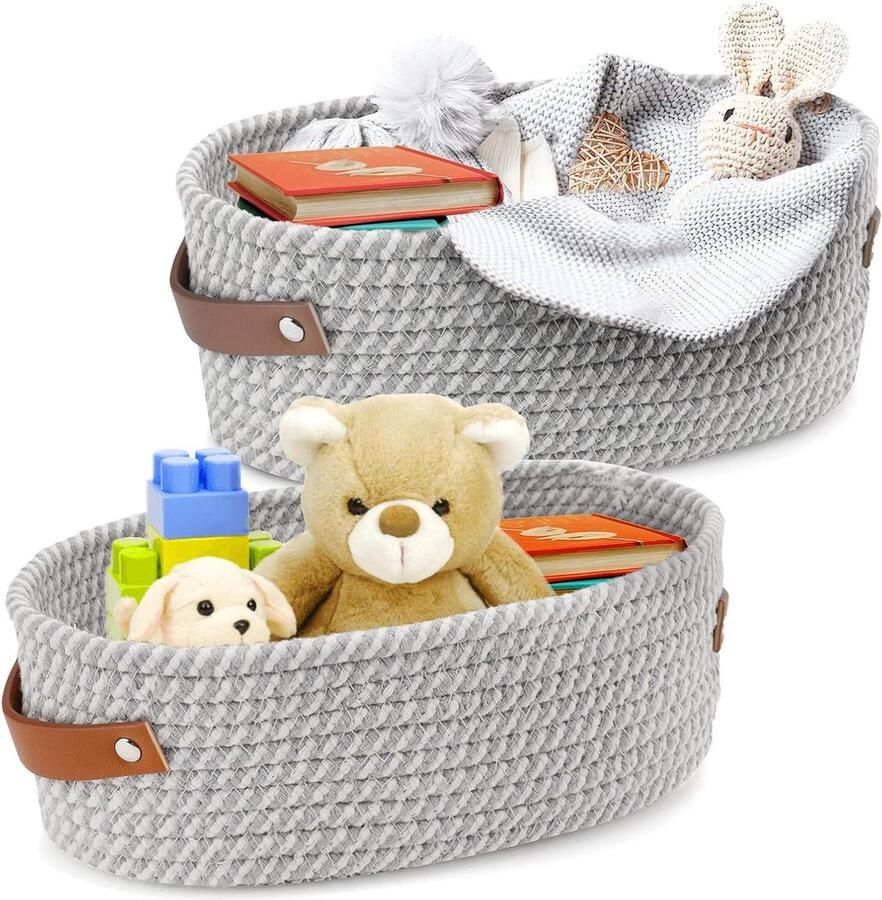 Opvouwbare geweven manden van katoenen touw mandenset met handgrepen voor kasten ladekast plank en dressoir wit en grijs 2 maten