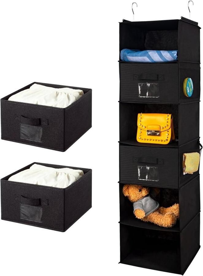 Premium Hangrek met 6 vakken en 2 verwijderbare laden Zwart Kledingkast Organizer met Opvouwbare Hangopslag IJzeren Frame Opbergsysteemset 30 x 30 x 110 cm