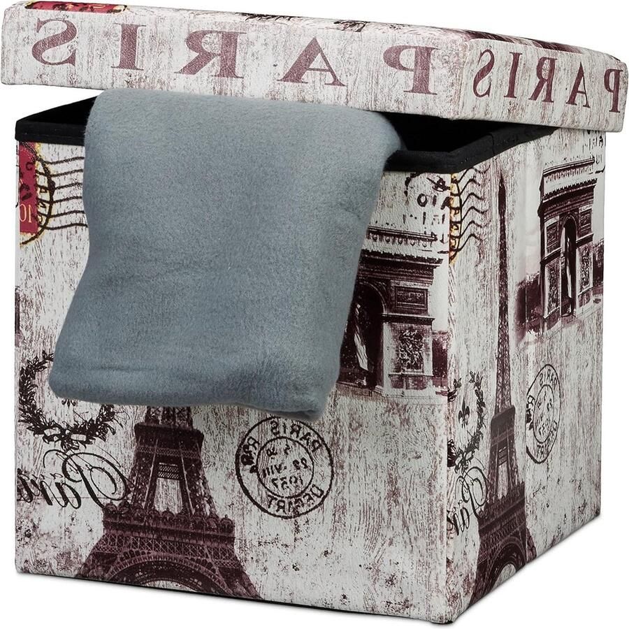 Opvouwbare hocker met opbergruimte Kunstleer Trendy Parijs print 38 cm hoog Deksel als voetenbankje