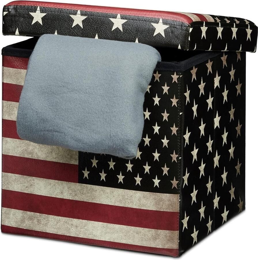 Opvouwbare hocker kunstleer trendy USA print poef met opbergruimte deksel als voetenbankje 38 cm hoog