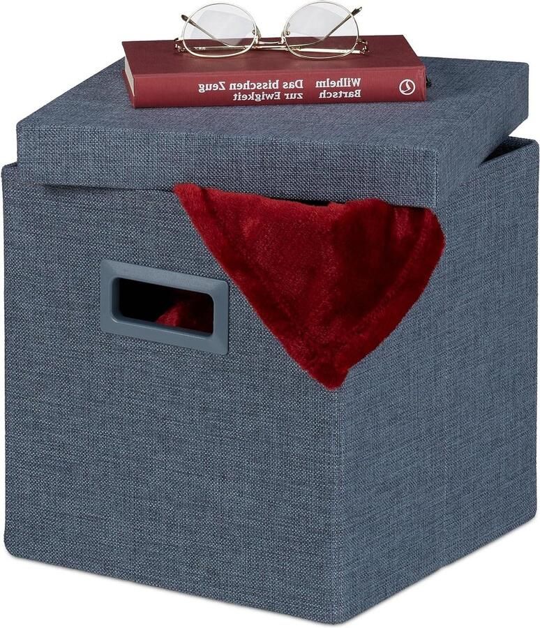 Opvouwbare hocker met opbergruimte 295 x 295 x 295 cm handgrepen en deksel blauwgrijs