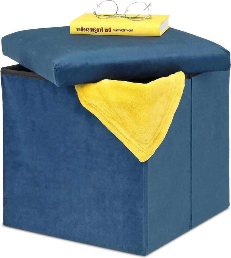 Opvouwbare hocker van MDF en fluweel Blauwe stoffen voetenbank met opbergruimte 38 x 38 x 38 cm