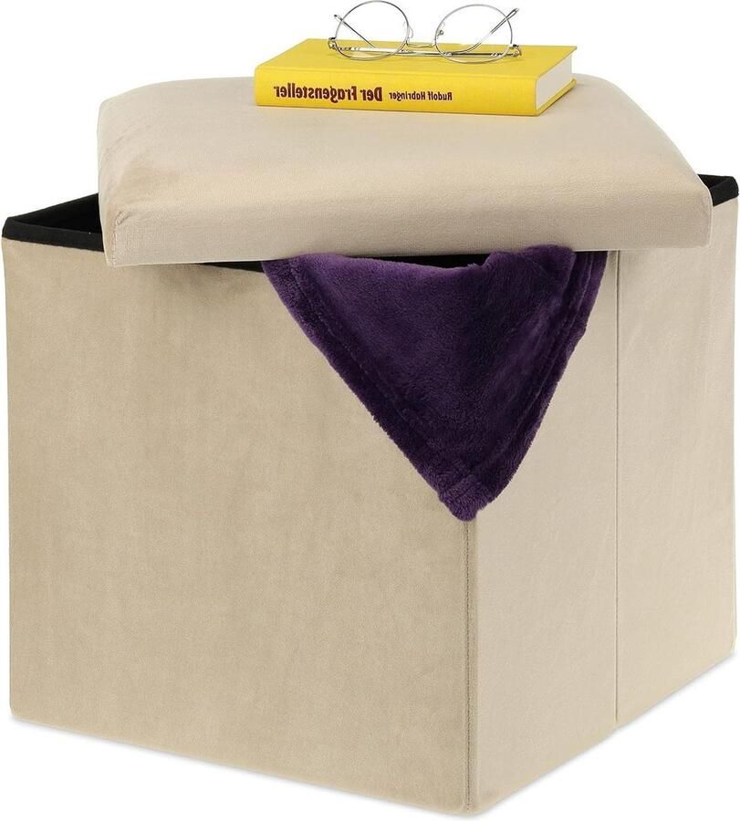 Opvouwbare hocker van MDF en fluweel HBD 38 x 38 x 38 cm Crème stoffen voetenbank met opbergruimte