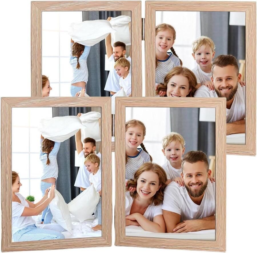 Opvouwbare houten dubbele fotolijst 13 x 18 cm inklapbaar met glas 2 foto's fotocollage bureau lichthoutkleur