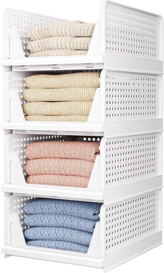 Opvouwbare kast organisatoren Stapelbare opbergbakken Plastic lade mand Kast opslag voor kledingkast Wit 4L