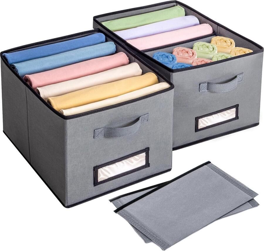 Opvouwbare kastorganizer met beweegbare scheidingswand Grijs 2 stuks 40 x 30 x 25 cm Voor kledingkast en laden organizer Broek ondergoed opbergsysteem Kledingkast