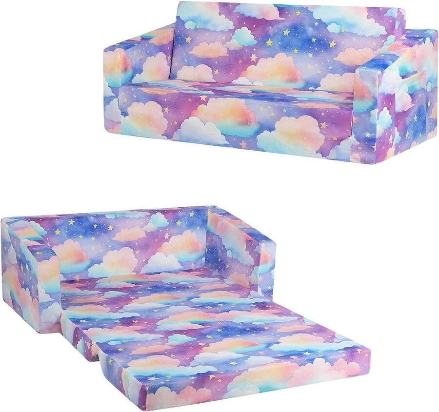 Opvouwbare kinderbank met dubbele zitting 2-in-1 klapbed Kinderbank met zak Comfortabele kinderbank Slaapkamer kinderkamer speelkamer Cadeau voor meisjeswolken - Foto 3