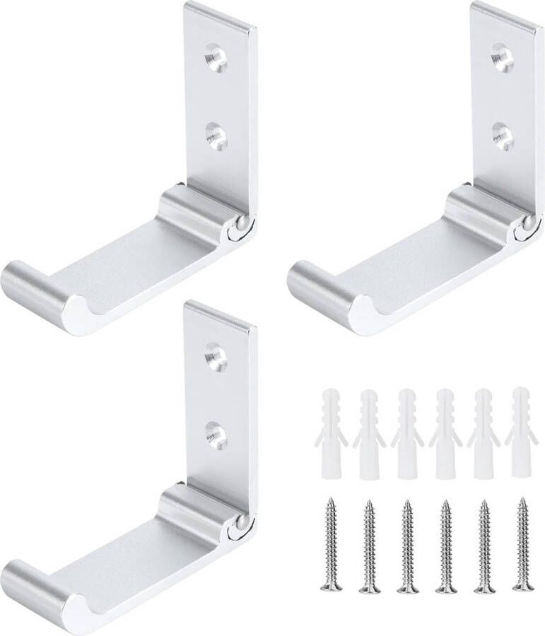 Opvouwbare kledinghaken wandhaken 3 stuks klaphaken 90 graden inklapbaar aluminium hoofdtelefoonhouder voor kantoor keuken badkamer garderobe badkamer 15 kg draagkracht (zilver)