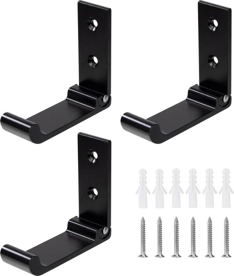 Opvouwbare kledinghaken wandhaken 3 stuks klaphaken 90 graden inklapbaar aluminium hoofdtelefoonhouder voor kantoor keuken badkamer garderobe badkamer 15 kg draagkracht (zwart)