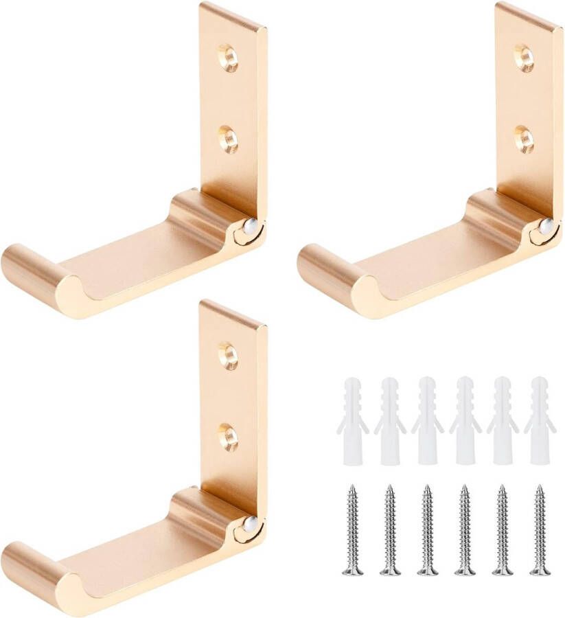 Opvouwbare kledinghaken wandhaken 3 stuks klaphaken 90 graden inklapbaar aluminium hoofdtelefoonhouder voor kantoor keuken badkamer garderobe badkamer 15 kg draagkracht (goud)
