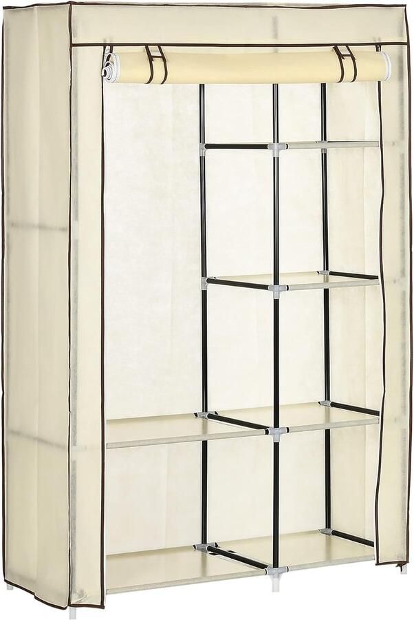 Opvouwbare Kledingkast met 2 Stangen en 6 Vakken Stoffen Garderobe voor Slaapkamer en Hal Crème 103 x 43 x 162 5 cm