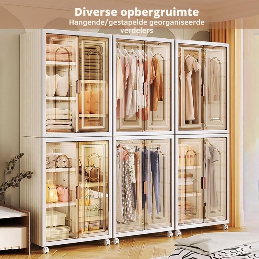 Opvouwbare kledingkast reksysteem klein wit slaapkamerkast mobiele kledingkast op wieltjes kinderkledingkast met kledingstang verstelbaar rek 3 vakken Kledingkast