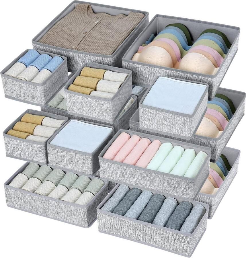 Opvouwbare kledingkastorganizer Set van 15 ladeverdelers voor kleding ondergoed sokken beha jeans en make-up Heidegrijs