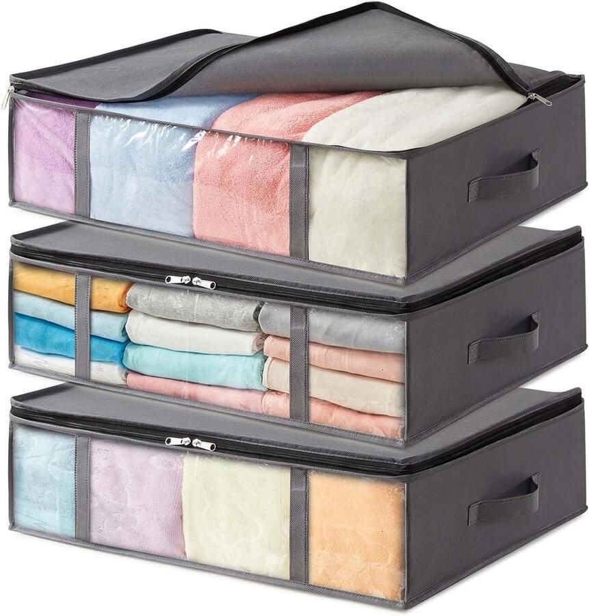 Opvouwbare Kledingopbergzakken voor Onder het Bed 3-pack met Doorzichtig Voorvenster Grijs