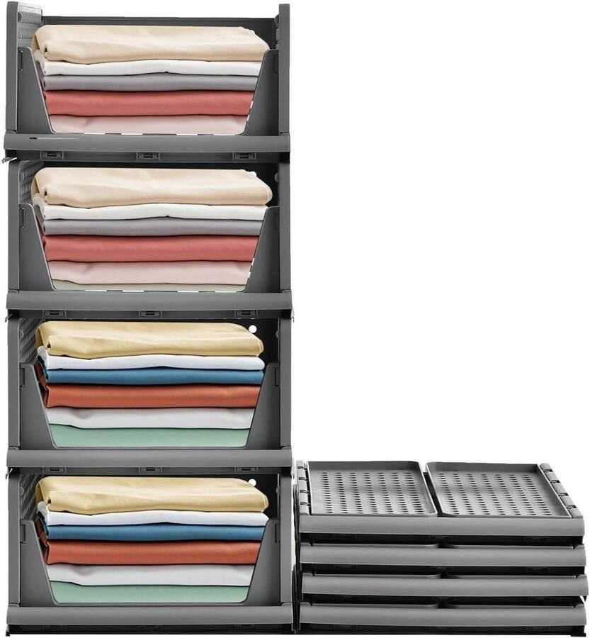 Opvouwbare kledingorganizer set van 4 Stapelbare garderobe opbergdozen voor kleding Grijs