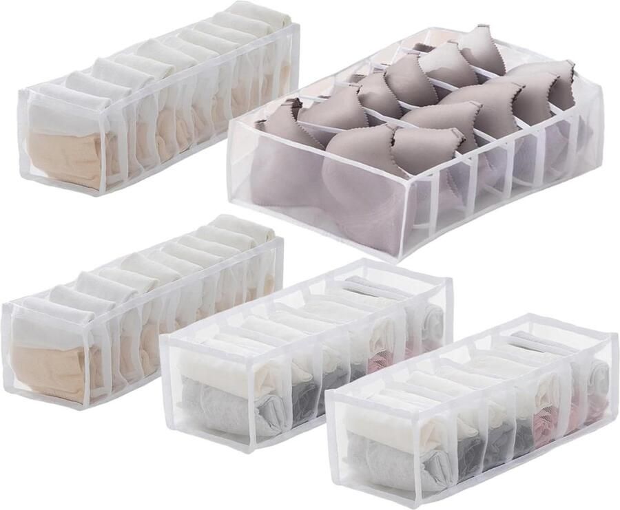Allecto Plus Opvouwbare kledingorganizer 5 stuks Mesh raster opbergdozen Wasbaar en draagbaar Voor T-shirts rokken jeans Organisatie en opslag voor kleding
