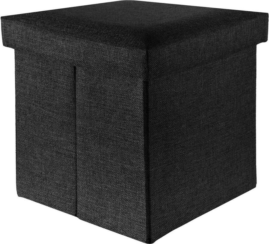 Opvouwbare kruk 38 x 38 x 38 cm diamant zwart opbergruimte deksel linnenlook zitkubus voetsteun opbergdoos