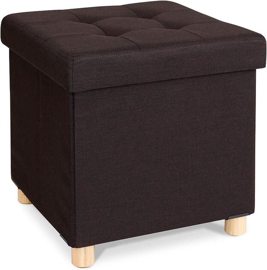 Opvouwbare kruk linnen opbergkist houten poten 38 x 38 x 38 cm bruin
